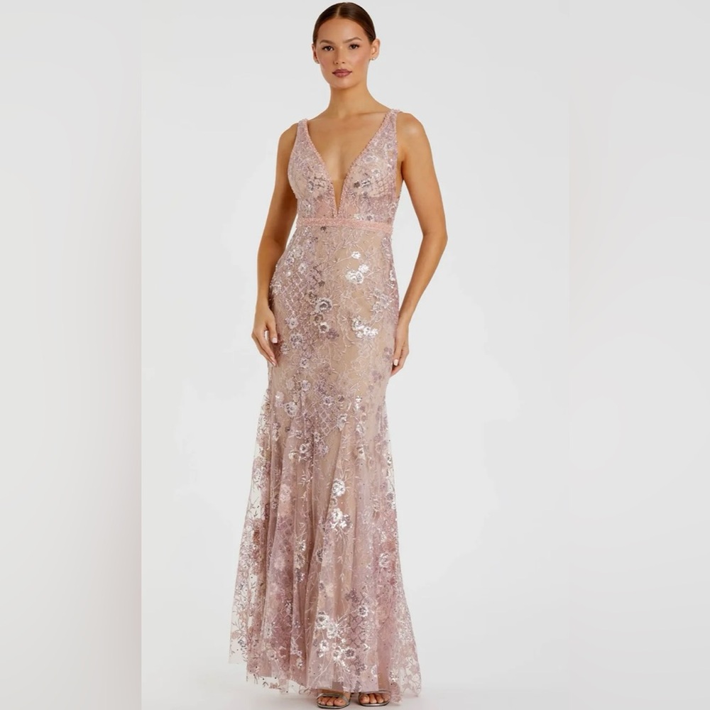 Blush Sequin Floral Lace Evening Gown - Women